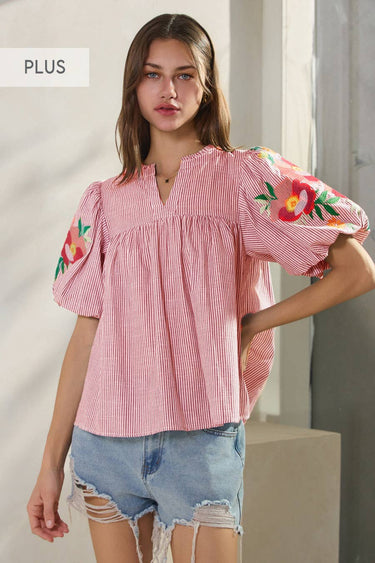 Plus Yarn Dye Striped Fabric Blouse